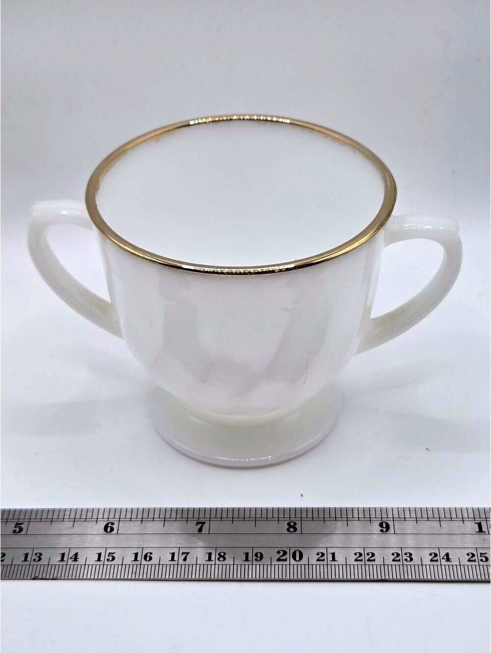 Vintage Fire King Oven Ware Swirl Milk Glass Sugar Bowl with Gold Trim